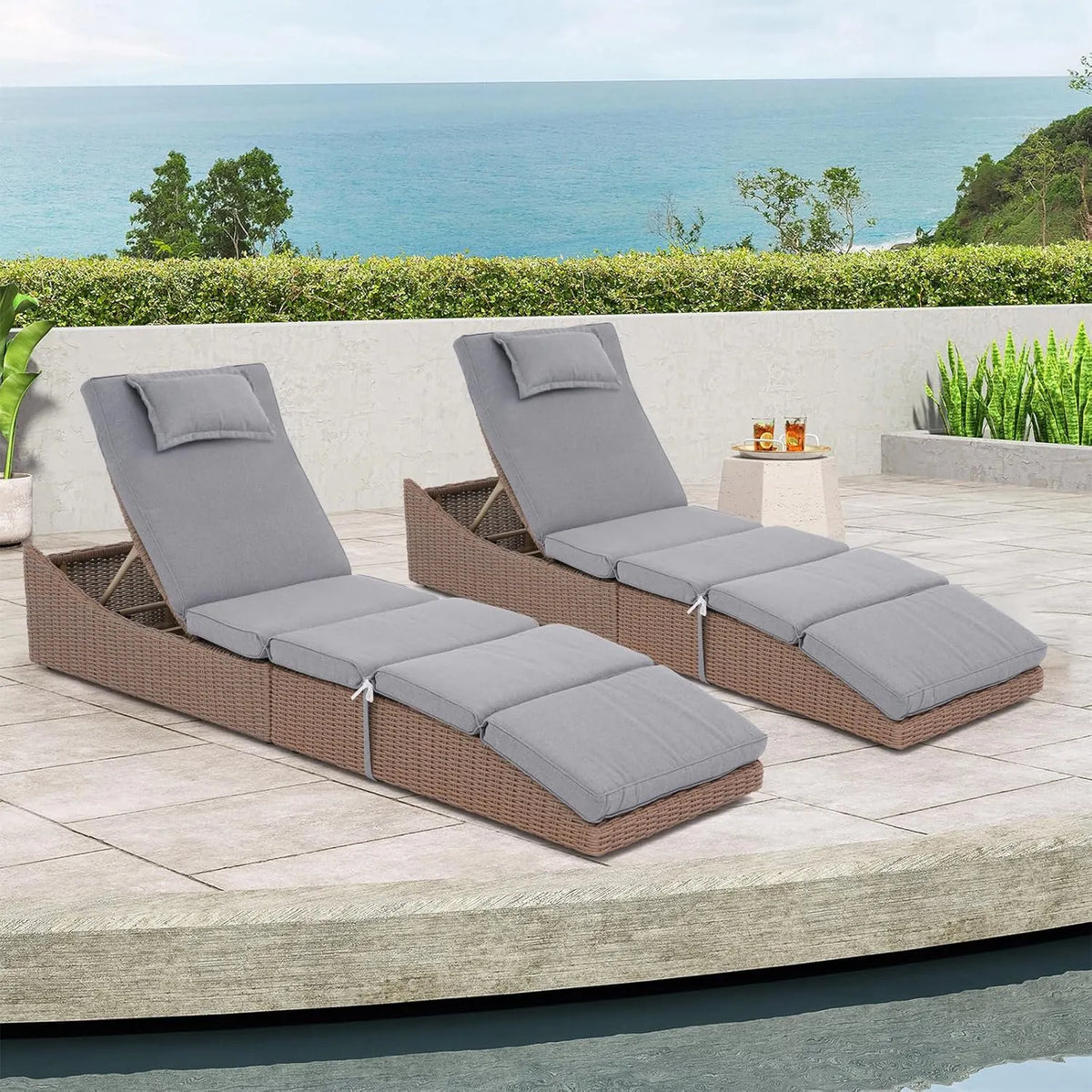 Soleil Jardin Folding Pool Lounge Chair Set of 2 Outdoor Adjustable Chaise Lounge Chair, Fully Assembled, Patio Reclining Sun Lounger, Natural Color Rattan & Gray Cushion