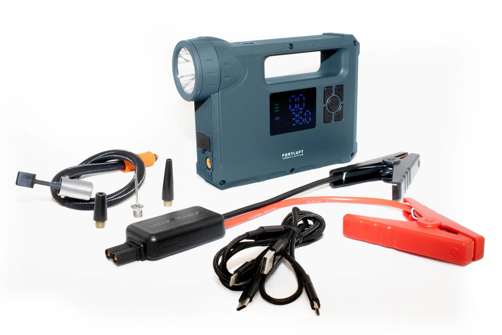 FORTLUFT JS002 Portable Power Station Jump Starter & Air Compressor: 1000 Peak/400 Instant Amps- 150 PSI Digital Air Compressor - USB Port - LED Flashlight - Battery Clamps