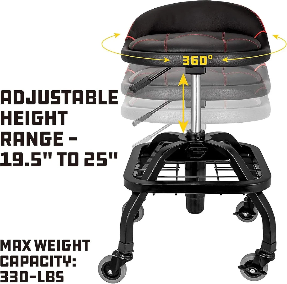 Powerbuilt Rolling Stool Shop Seat with Padding and Lumbar Support, Garage, 330 Pound Capacity - 240338, Black