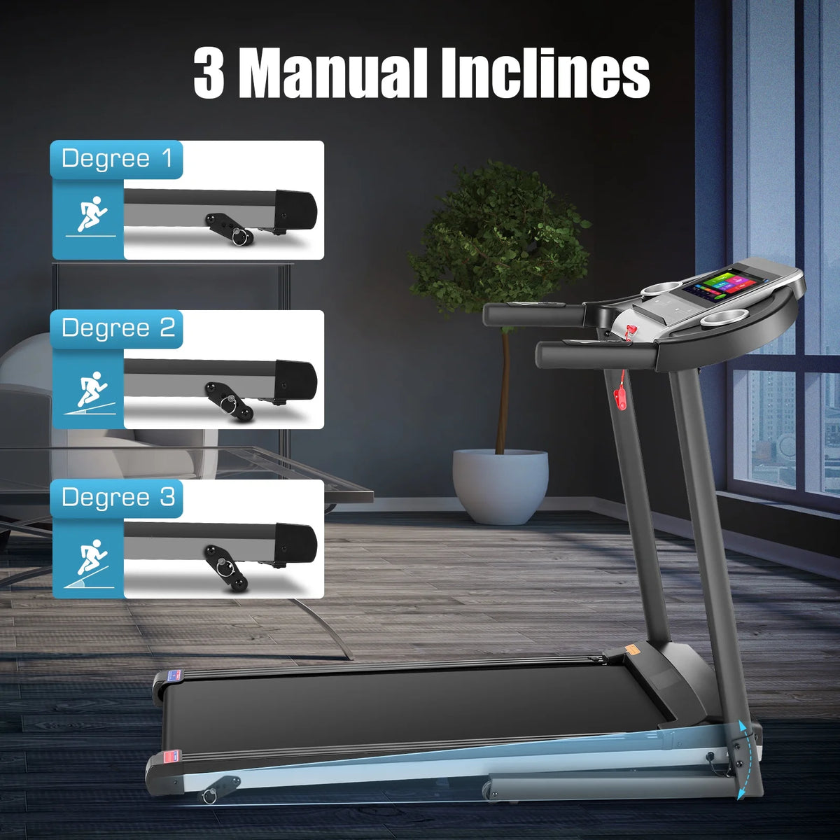 Simpfree Treadmill with 10 HD TV Movie Touchscreen and 3D Virtual Sports Scene, 0.5-9.0 mph/h & 3.25HP Electric Treadmill with Incline for Home（Black）