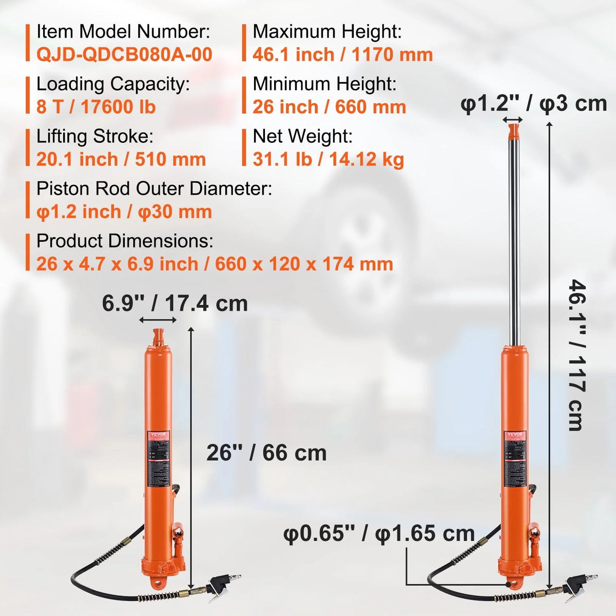 BENTISM Hydraulic Long Ram Jack, 8 Ton Engine Hoist Cylinder with Air Pump and Single Piston Pump, Hydraulic Ram Cylinder Clevis Base for Engine Lift Hoists, Garage/Shop Cranes, Mechanical, Farm