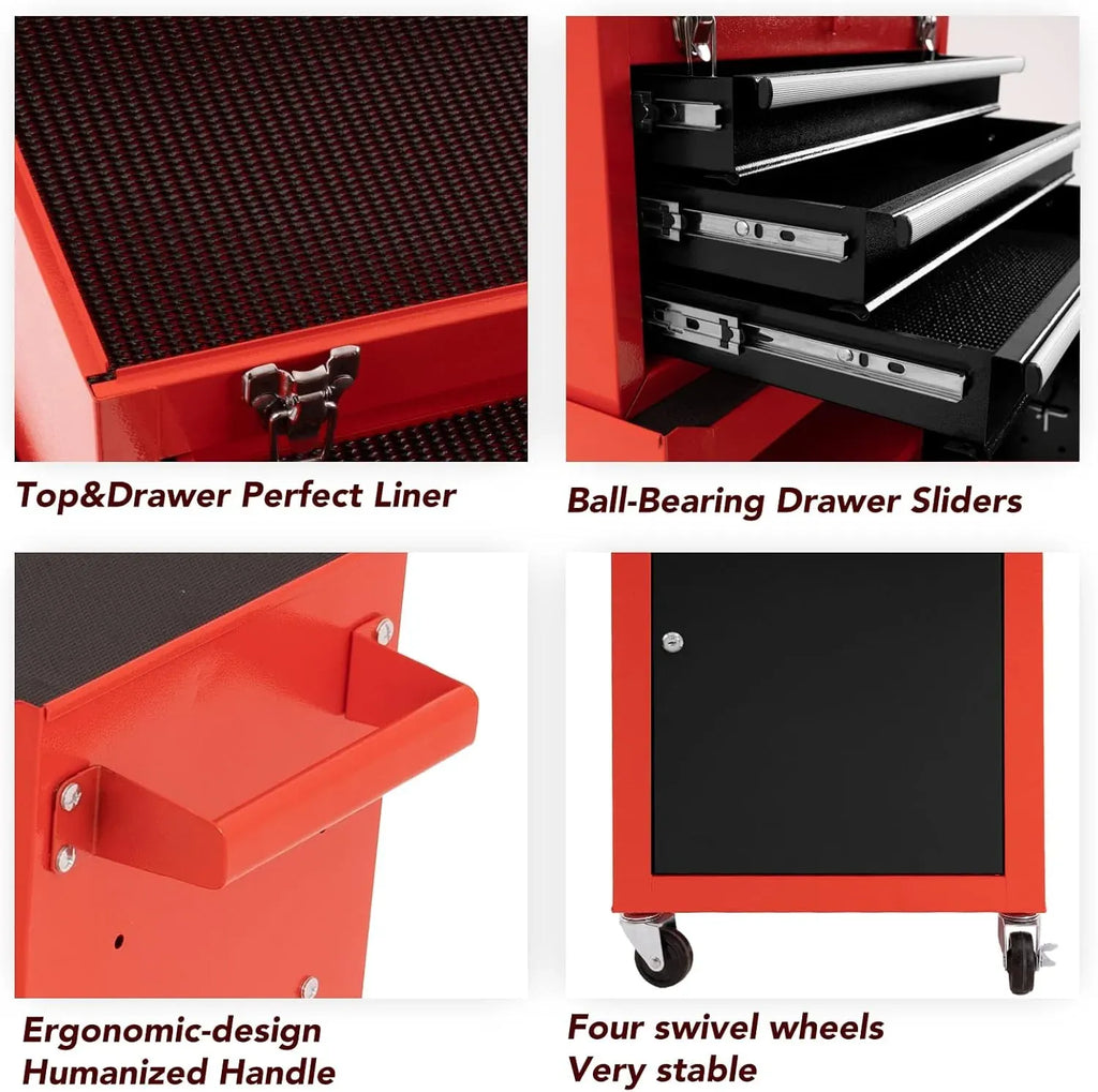 3-Drawer Rolling Tool Chest with Wheels, Large Storage Cabinet and Adjustable Shelf - Removable Portable Top Box with Locking System for Garage, Warehouse (Black & Red)