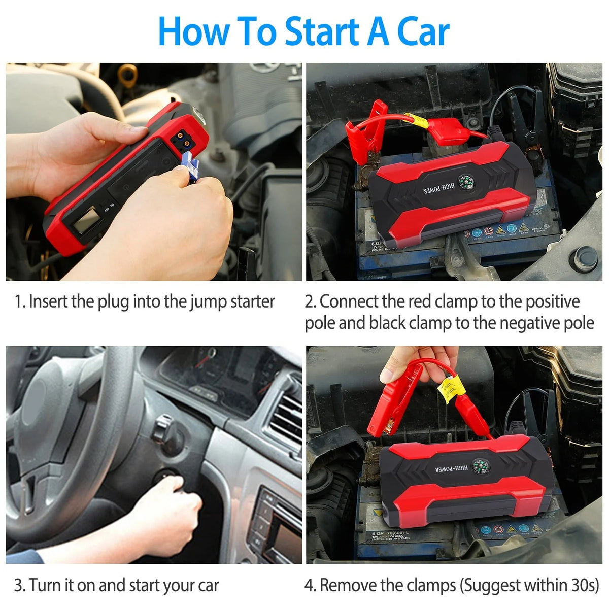 iNova 20000mAh Car Battery Jump Starter 1000A Battery Charger with Safe Smart Clamps LED Flashlight