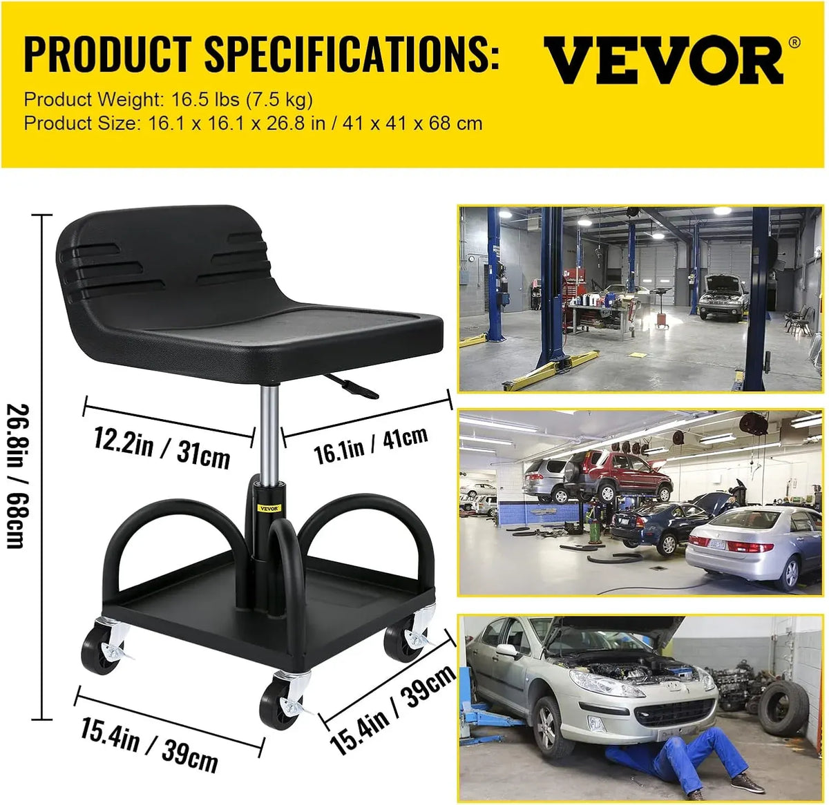 Mobile Rolling Seat, 300LBS Capacity, 15.7 to 20.5 Adjustable Height, Mechanic Rolling Stool with Swivel Wheels and Tool Tray, for Workshop, Auto Repair Shop, Black