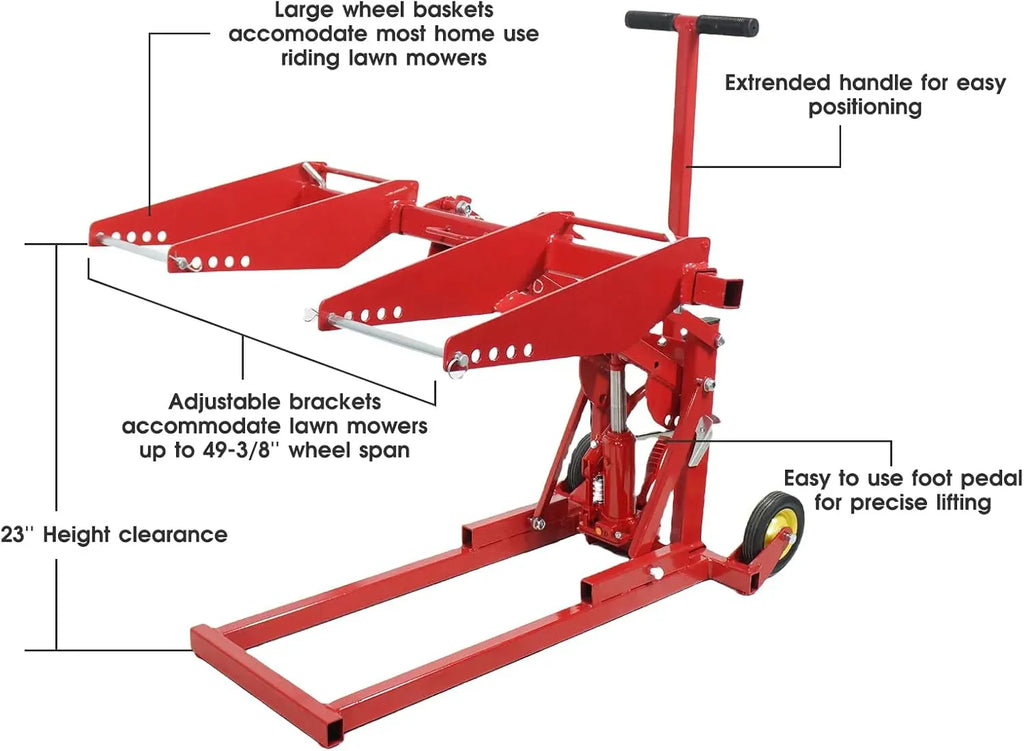 Garvee Hydraulic Lawn Mower Lift Jack, 550 Lb Capacity, Heavy Duty Steel Tractor Lift with Adjustable Wheel Span, Up to 23 Lifting Height for Zero Turn, Riding Mowers, Lawn Tractors, Red