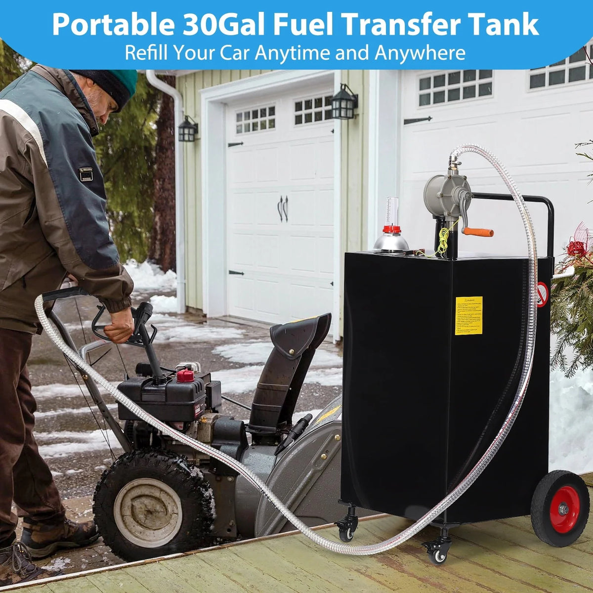 Fuel Caddy, 30 Gallon Portable Gas Storage Tank On 4 Wheels with Manual Transfer Pump, Gasoline Diesel Fuel Container with Manual Transfer Siphon Pump, for Cars, Lawn Mowers, ATVs, Boats