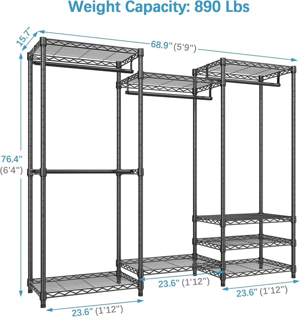 V5 Portable Closet Wardrobe Heavy Duty Clothes Rack, Freestanding Clothing Rack with 4 Hang Rods & 8 Shelves, Adjustable Closet Racks, 68.9 L x 15.7 W x 76.4 H, Max Load 890LBS, Black