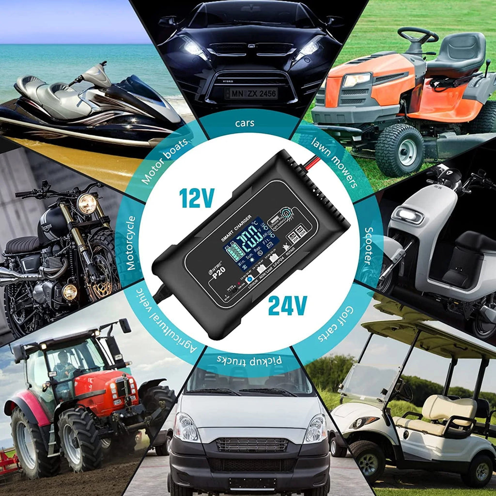 CACHOR 20-Amp Smart Battery Charger,Lithium,LiFePO4,Lead-Acid(AGM/Gel/SLA..) Car Battery Charger,Trickle Charger, Maintainer/deep Cycle Charger,12V/20A and 24V/10A,for Boat,Motorcycle,Lawn Mower,Golf