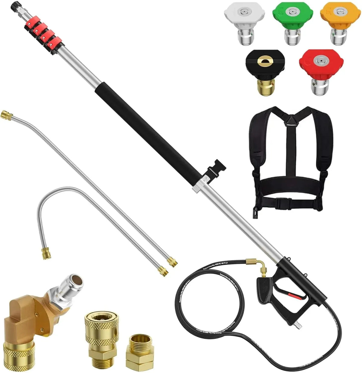 24 FT Pressure Washer Telescoping Wand, Pressure Washer Extension Wands, Professi Power Washer Gutter Cleaner with 5 Spray Nozzle Tips, 2 Hose Adapters and Support Belt (Silver, 24FT)