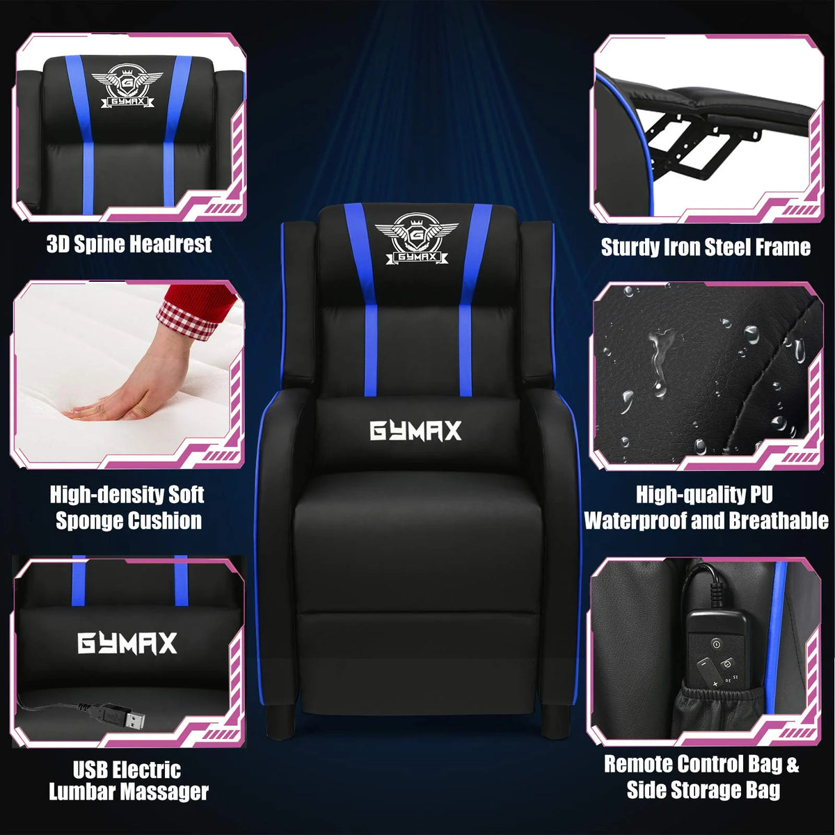 POWERSTONE Gaming Recliner Chair, Reclining Gaming Chair Ergonomic Leather Sofa with Footrest Lumbar Support Headrest and Side Pouch for Living Room Home Theater, Blue