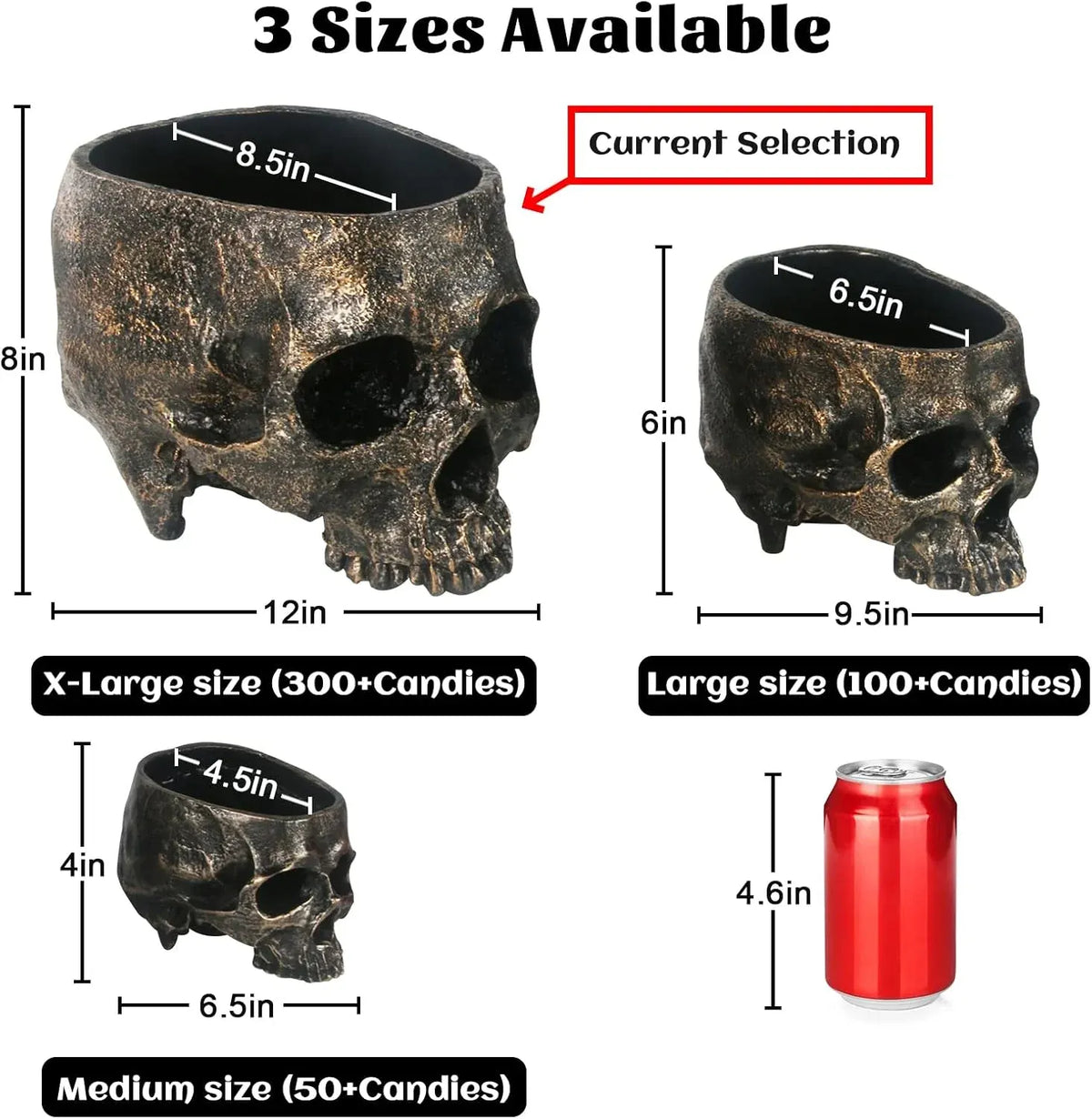 7lb Capacity Extra Large Halloween Skull Candy Dish - Deep Skull Head Halloween Candy Bowl Holder Artificial Resin Skulls Decor Indoor Outdoor Table Centerpieces Flower Pot Plant Office Pen Holder