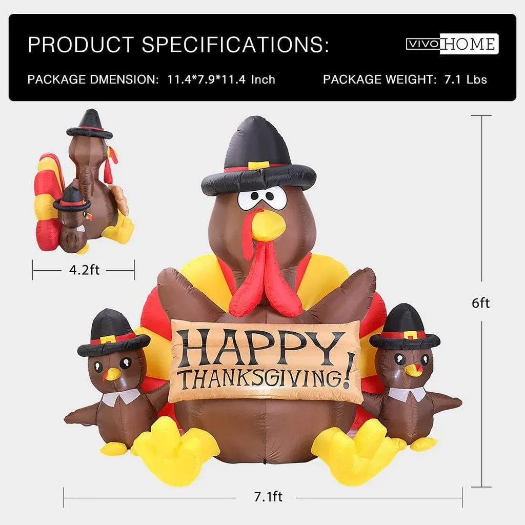 6ft Height Happy Thanksgiving Inflatable LED Lighted Turkey Family Blow up Outdoor Lawn Yard Decoration