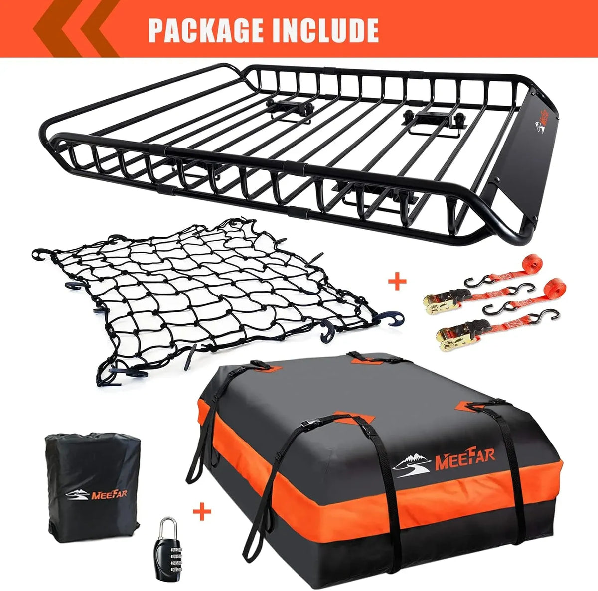 MeeFar Roof Rack Carrier Basket Universal Rooftop 51 X 36 X 5 + Waterproof Bag 15 Cubic Feet (44 34 17), and Cargo Net with Attachment Hooks, Ratchet Straps