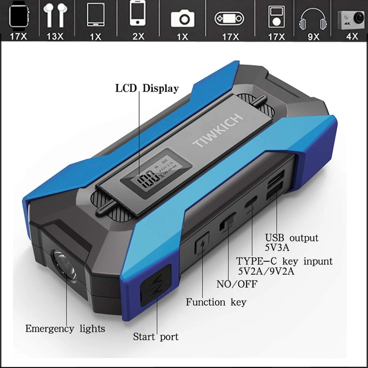 12V Car Jump Starter Booster 10000mAh Auto Jumper Battery USB Power Bank Charger