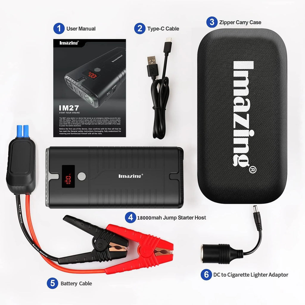 Imazing Portable Car Jump Starter 2000A Peak 18000mAH, 12V Auto Battery Booster Portable Power Pack with LCD Display Jumper Cables, QC 3.0 and LED Light