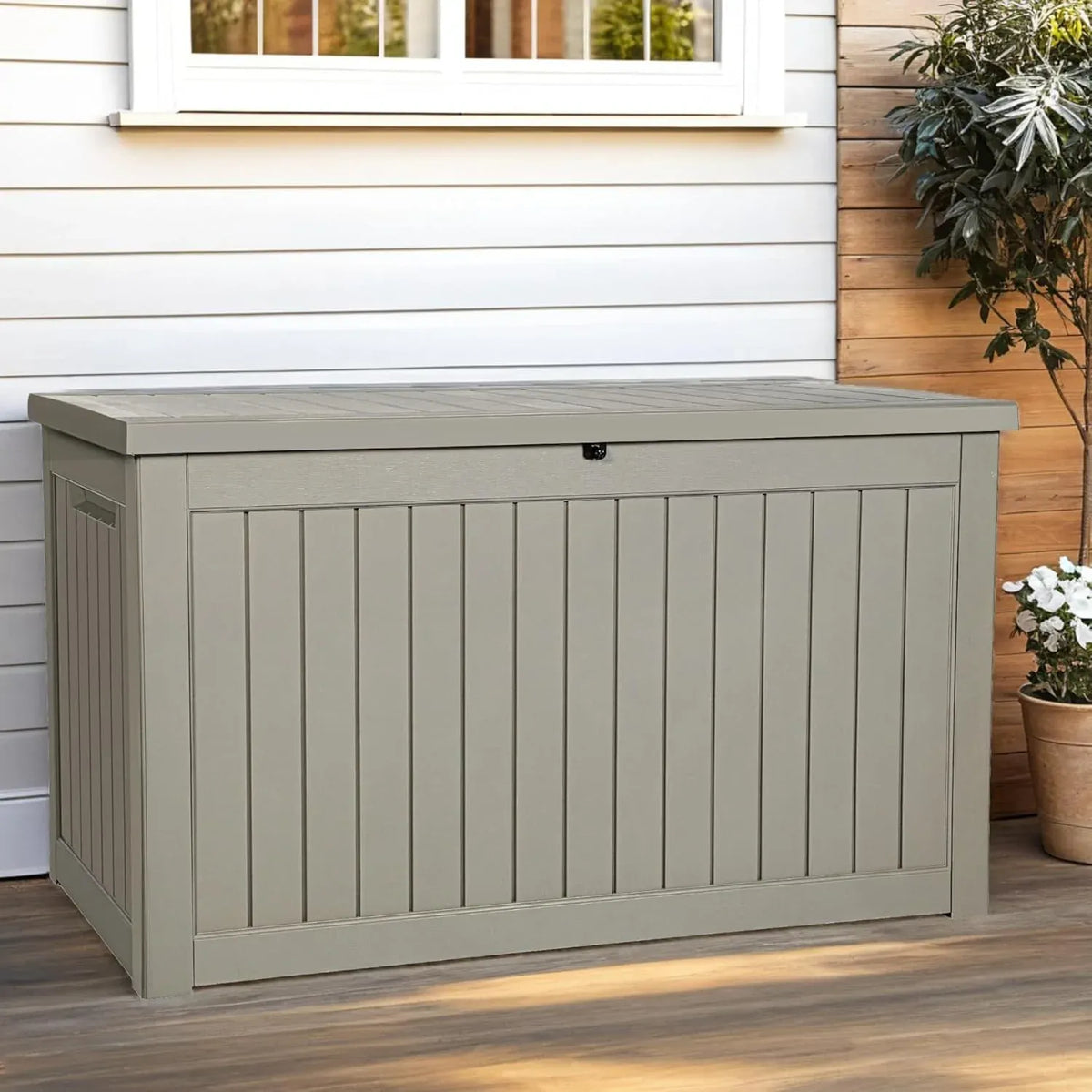 120 Gallon Outdoor Storage Deck Box with Cushion, Large Resin Patio Storage for Outdoor Pillows, Garden Tools and Pool-Supplies, Waterproof, Lockable (Taupe)