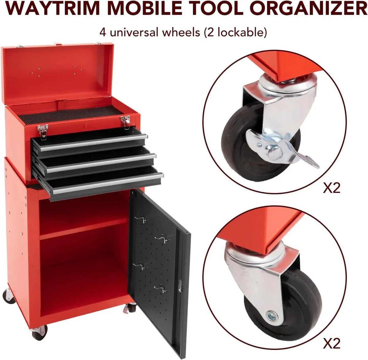 3-Drawer Rolling Tool Chest with Wheels, Large Storage Cabinet and Adjustable Shelf - Removable Portable Top Box with Locking System for Garage, Warehouse (Black & Red)