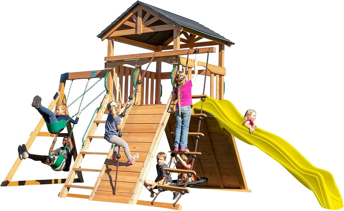 Backyard Discovery Endeavor Cedar Wood Swing Set with Wave Slide, Play Deck, Double Rock Wall, Rope Ladder, Climbing Wall, Belt Swings, 40-Inch Web Swing, Step Ladder, Toy Telescope, Outdoor Playset
