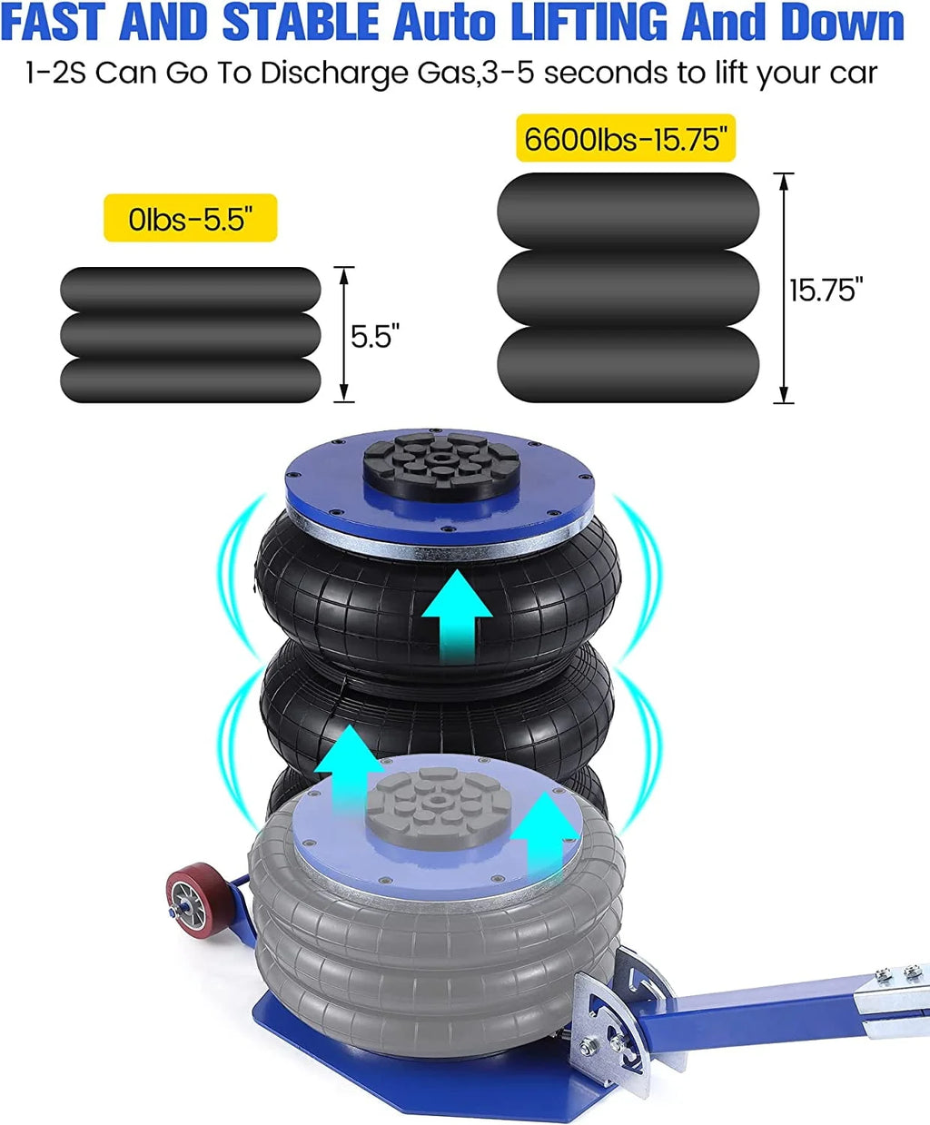 WhizMax 5 Ton/11000 lbs Triple Bag Air Jack, Quick Air Bag Jack Lift Up to 15.75 Inch, 3-5S Fast Lifting, Air Bag Jack for Cars with Adjustable Long Handle, Brass Valve