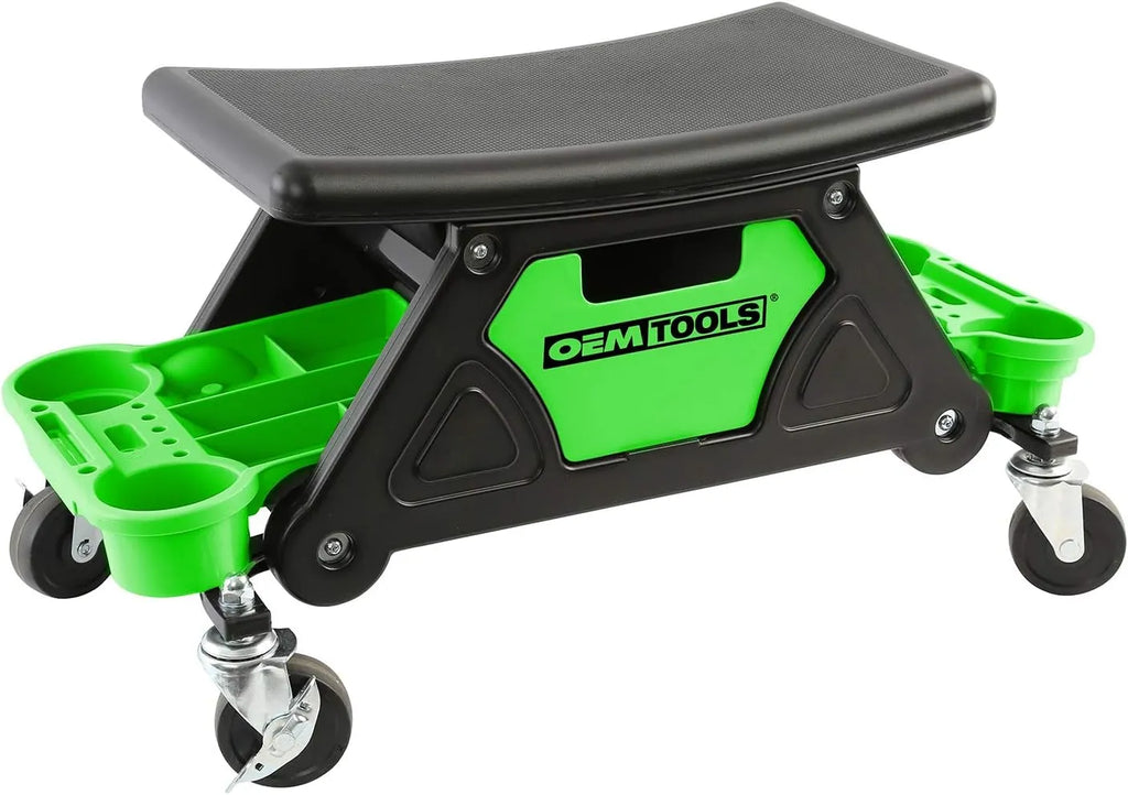 24986 Heavy-Duty Rolling Workbench and Creeper Seat, Mechanics Stool with Wheels, Creepers, Shop Stools with Wheels, Automotive, Green and Black 300 LB Capacity