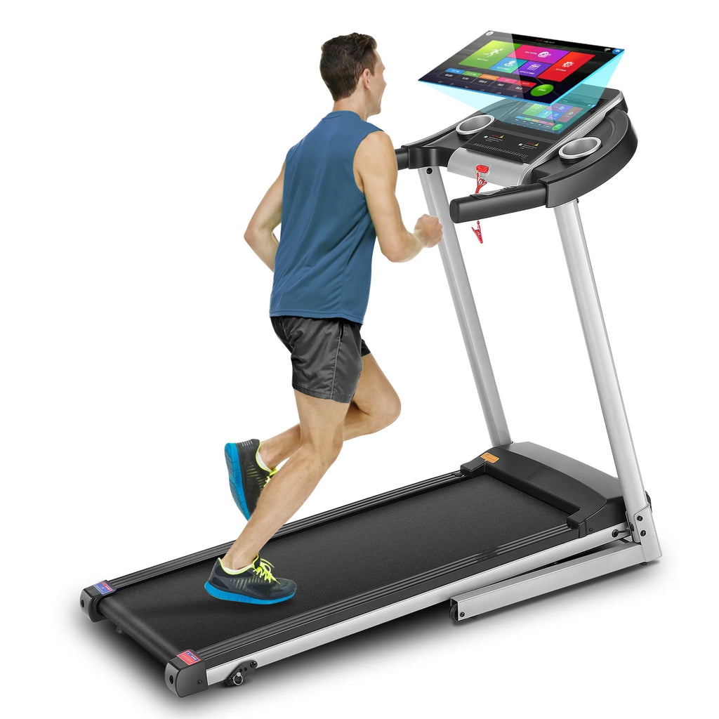Home Treadmill--Treadmill with 10 HD TV Movie Touchscreen and 3D Virtual Sports Scene, Folding Treadmill with WiFi Connection, Speaker, Wide Belt, Youtube（Silver）