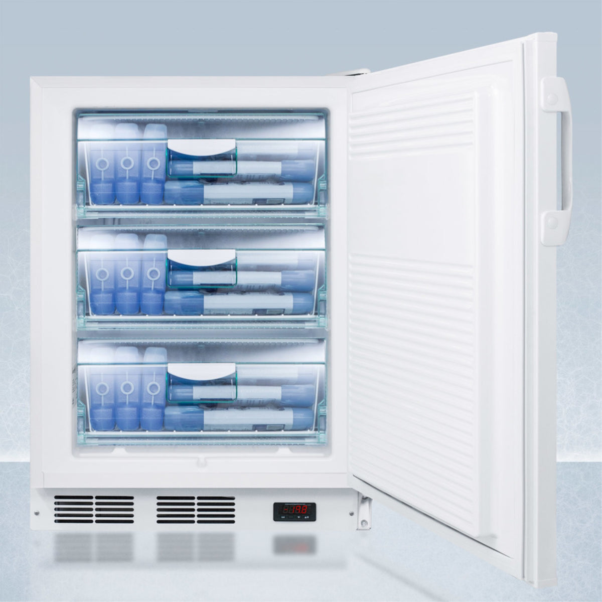 ADA compliant 24 wide all-freezer for built-in commercial use, manual defrost with a traceable thermometer, lock, and -25C capability