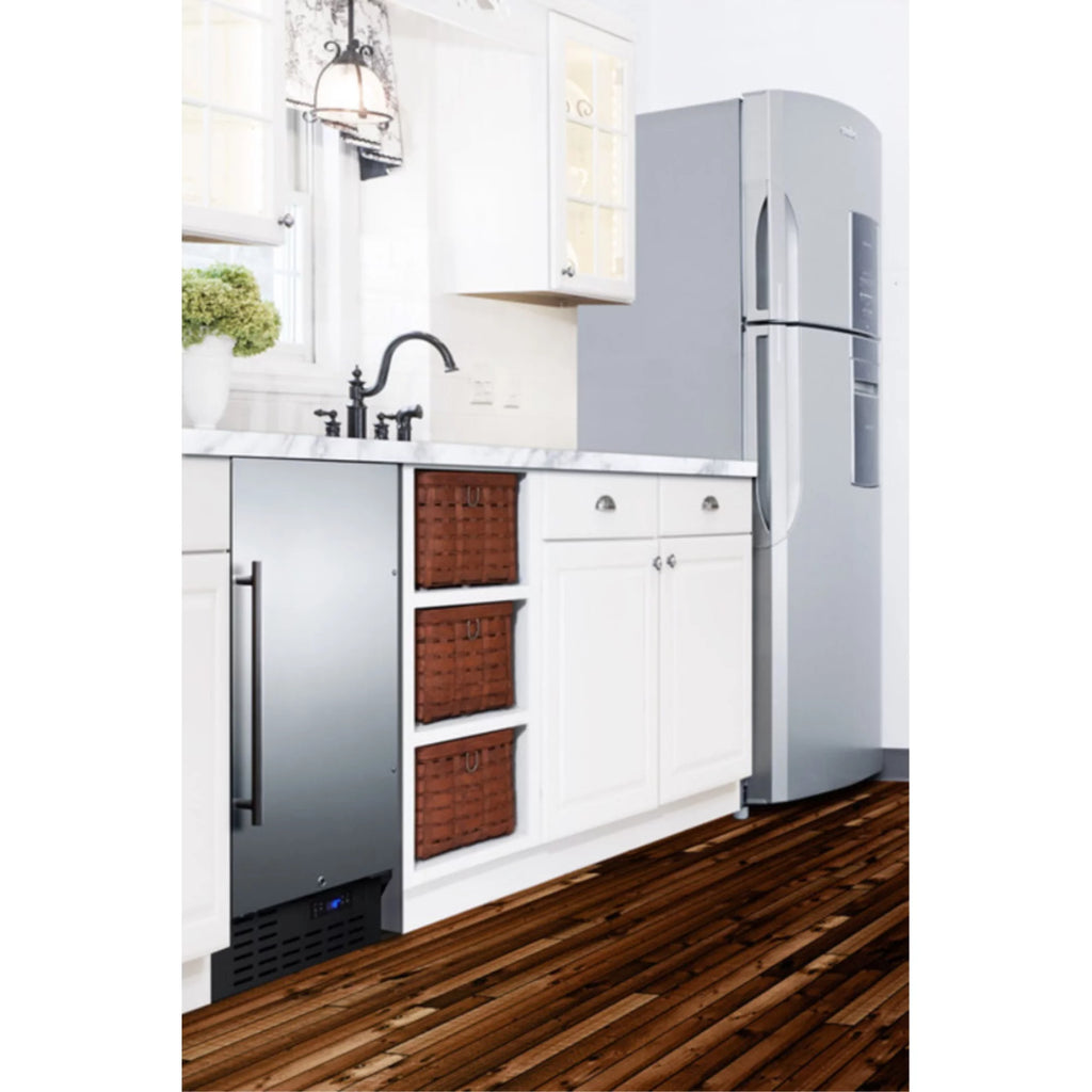 ADA compliant 18 wide frost-free freezer built-in or freestanding use, with stainless steel exterior, lock, and digital thermostat