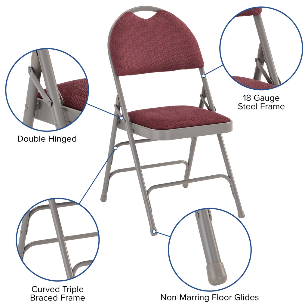 Flash Furniture HERCULES Series Ultra-Premium Triple Braced Burgundy Fabric Metal Folding Chair with Easy-Carry Handle