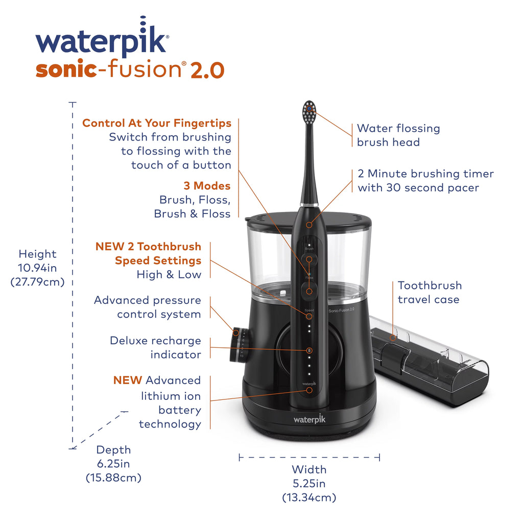 Waterpik Sonic-Fusion 2.0 Flossing Electric Toothbrush Set, 5 Brush Heads, Black