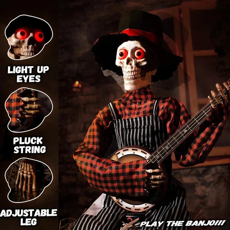 Halloween Animatronics Banjo Skeletons Decorations, Animated Skull with Sound Ac