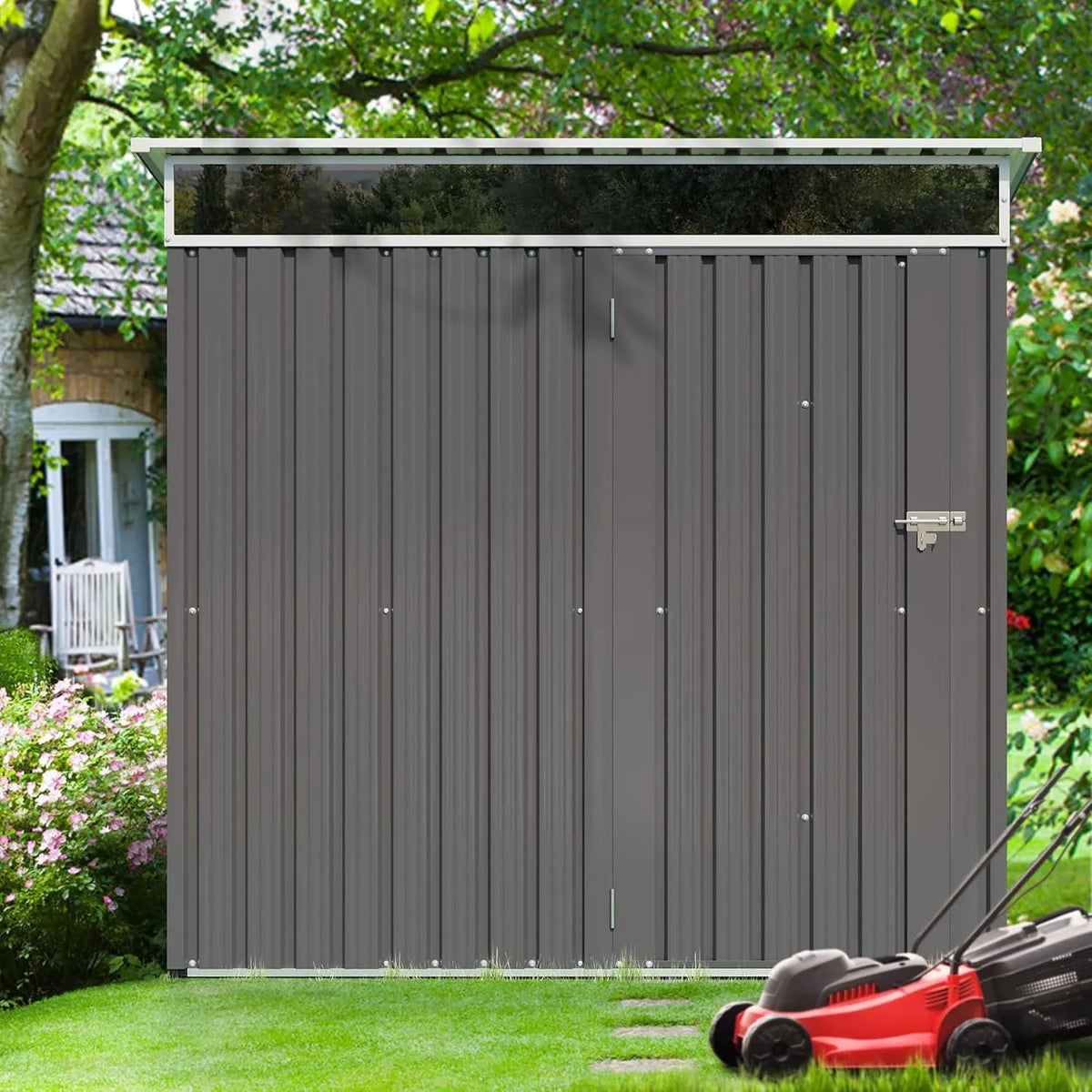 Shintenchi 6x4 FT Outdoor Storage Shed with Window, Outdoor Waterproof Storage Shed Metal Garden Shed with Lockable Single Door, Weather Resistant Tool Storage House Shed for Garden,Backyard,Gray