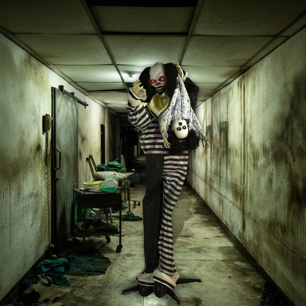 Haunted Hill Farm Life-Size Animatronic Scary Talking Clown with Doll, Motion, Touch Activated Lights, and Sounds, Indoor or Covered Outdoor Halloween Decorations, Battery Operated Halloween Props