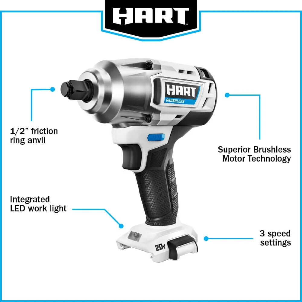 HART 20-Volt 1/2-inch Battery-Powered Brushless Impact Wrench (Battery Not Included)