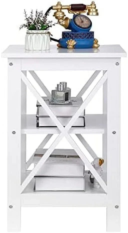 ASDRFYU 3-Tier End/Side/Sofa/Table with Shelves Wooden X-Design Nightstand for Small Space Living Room Bedroom Office Bathroom White