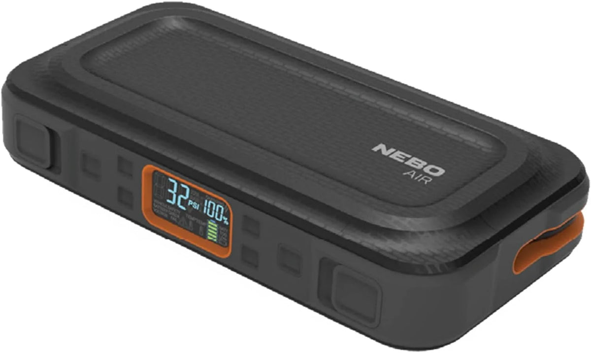 NEBO 4-in-1 Assist Air Jump Starter, Portable Car Battery Charger, Emergency USB Power Bank with Tire Pump, Interchangeable Air Nozzles, 310 Lumen Floodlight