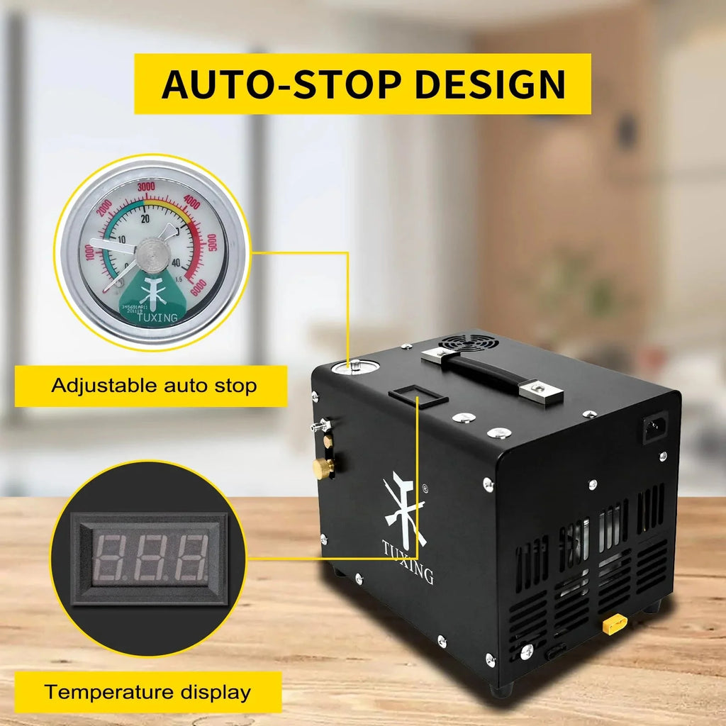 TUXING 4500Psi PCP Air Compressor,Auto-Stop,Oil/Water-Free, High Pressure Air Compressor for Paintball Tank Pump with Water/Oil Separator,Built-in Power Adapter(110V AC or 12V Car Battery)