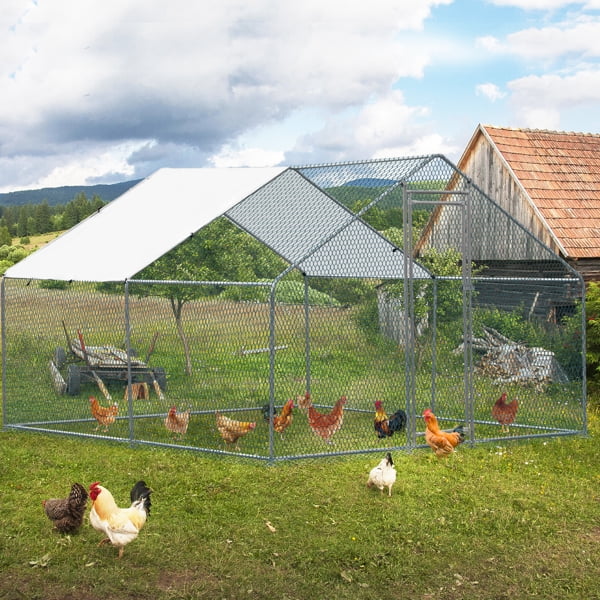 Al Fresco 10 x 10 ft Outdoor Large Metal Chicken Coop, Chicken Run Walkin Poultry Cage for Duck and Rabbit, Hen House with Waterproof Cover, Silver