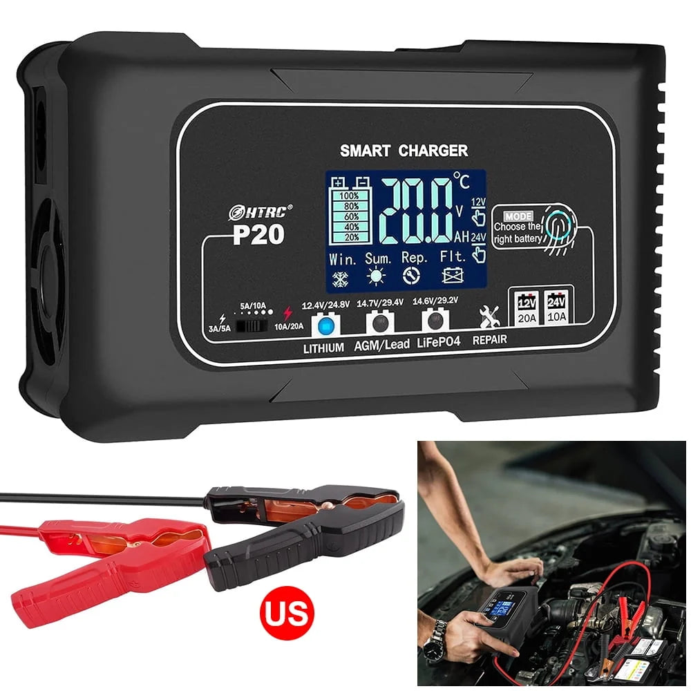 20-Amp Smart Battery Charger,Lithium,LiFePO4,Lead-Acid(AGM/Gel/SLA..) Car Battery Charger,Trickle Charger, Maintainer/deep Cycle Charger,12V/20A and 24V/10A,for Boat,Motorcycle,Lawn Mower,Golf