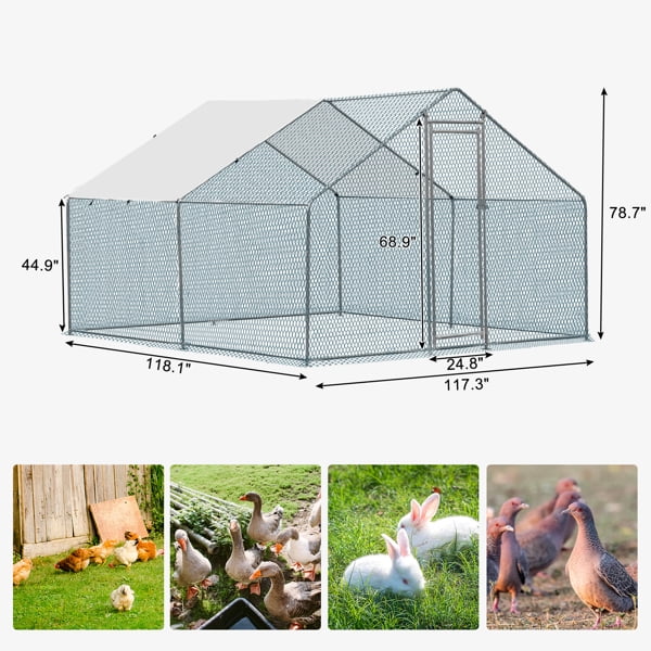 Al Fresco 10 x 10 ft Outdoor Large Metal Chicken Coop, Chicken Run Walkin Poultry Cage for Duck and Rabbit, Hen House with Waterproof Cover, Silver