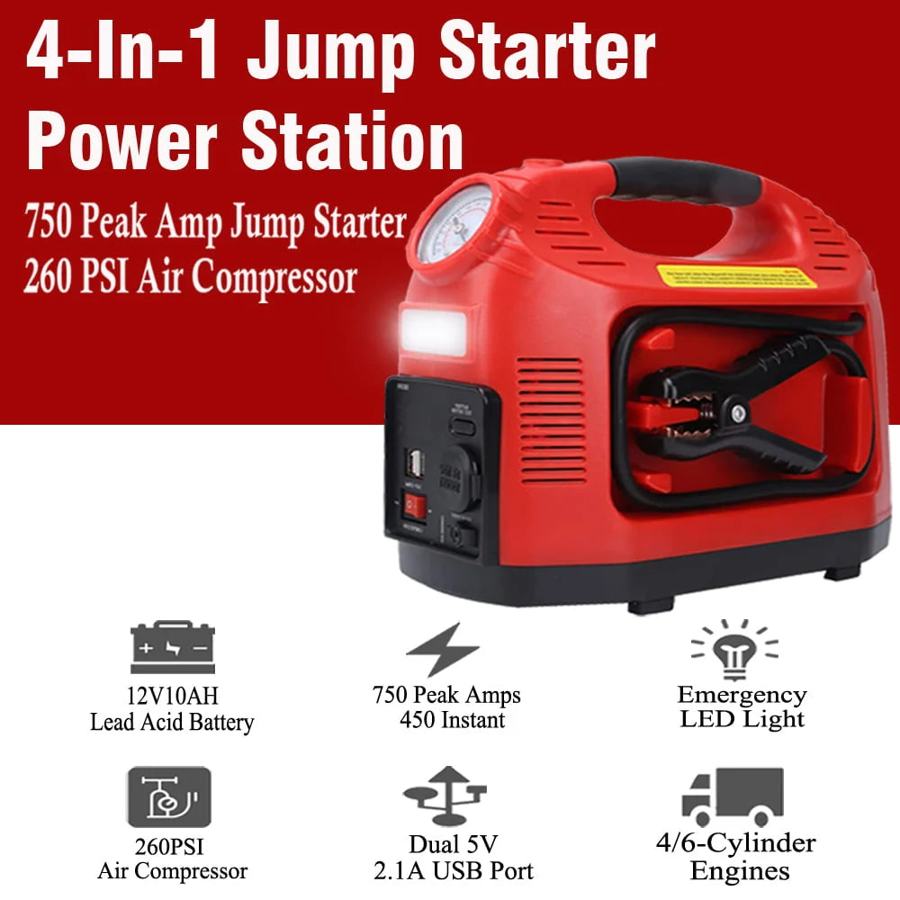 Tyrell Chenergy 12V Car Battery Jump Starter with Air Compressor, 750 Peak/350 Instant Amp Power Station Jump Box, Car Battery Booster with USB DC Power Port Outlet for Truck