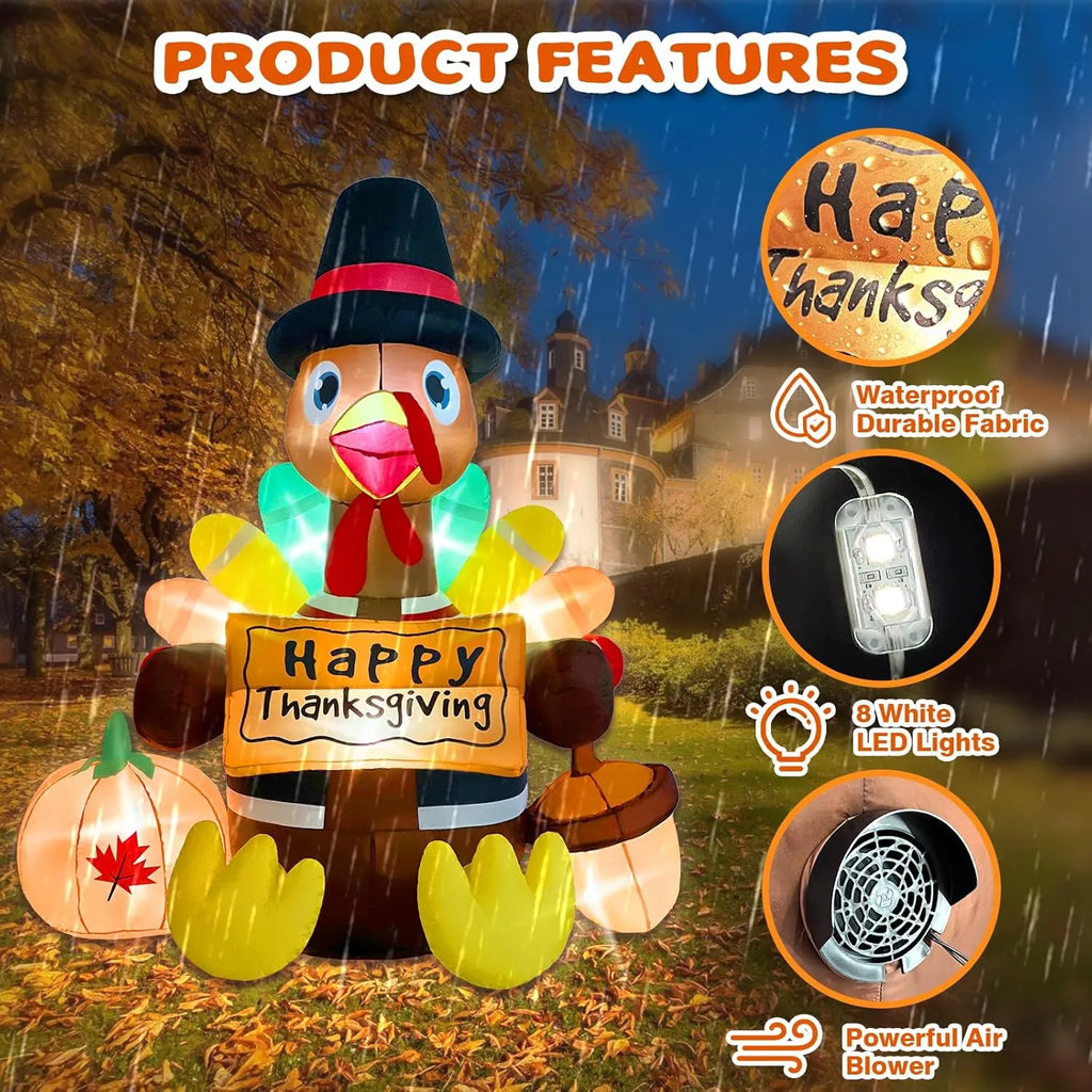6FT Thanksgiving Inflatables Turkey Blow Up with Built-in Led Lights for Outdoor Holiday Yard Lawn Air-Blown Decorations