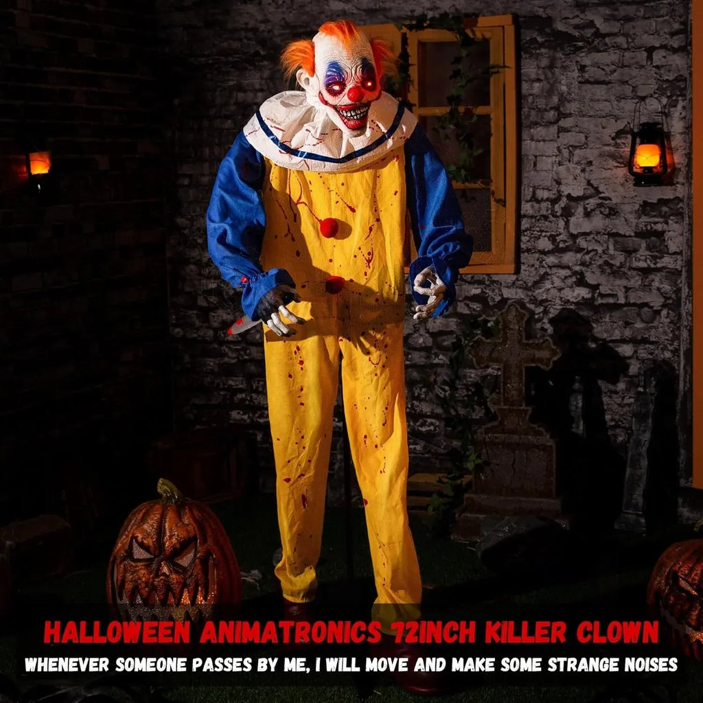 6Ft Animated Killer Clown with Motion, Sound, and Light Up Eyes for Halloween
