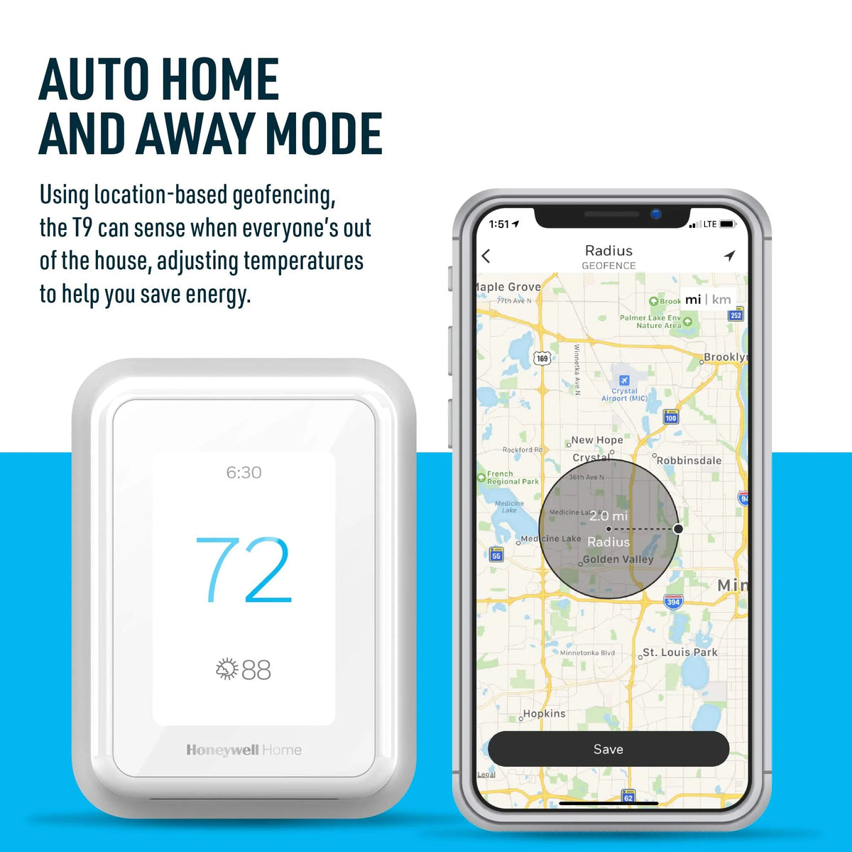 Honeywell Home T9 WiFi Smart Thermostat, Smart Room Sensor Ready, Touchscreen Display, Alexa and Google Assist White