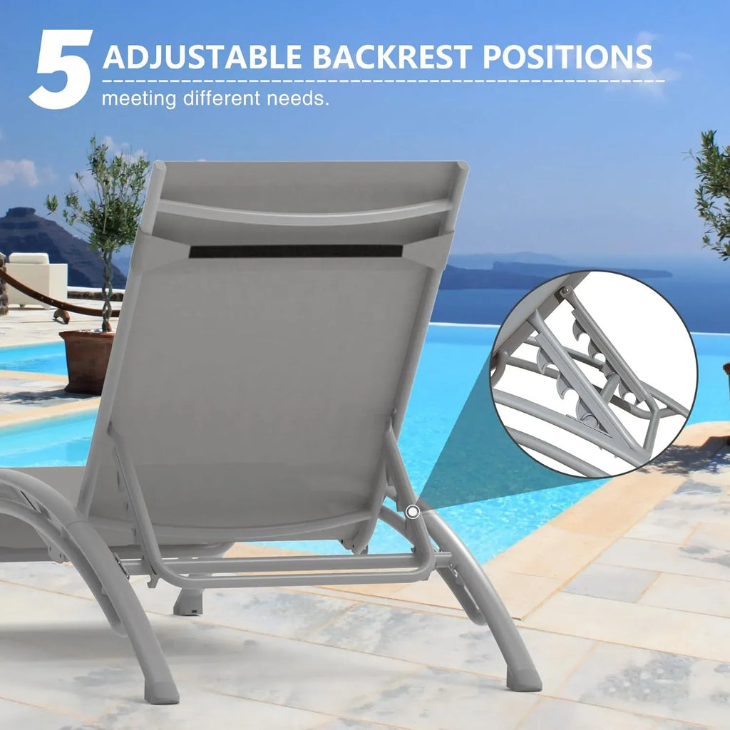 Domi Pool Lounge Chairs Set of 2 with Side Table, Aluminum Adjustable Outdoor Chaise Lounge, All Weather Poolside Chairs for Deck Lawn Poolside, Textilene (Grey)