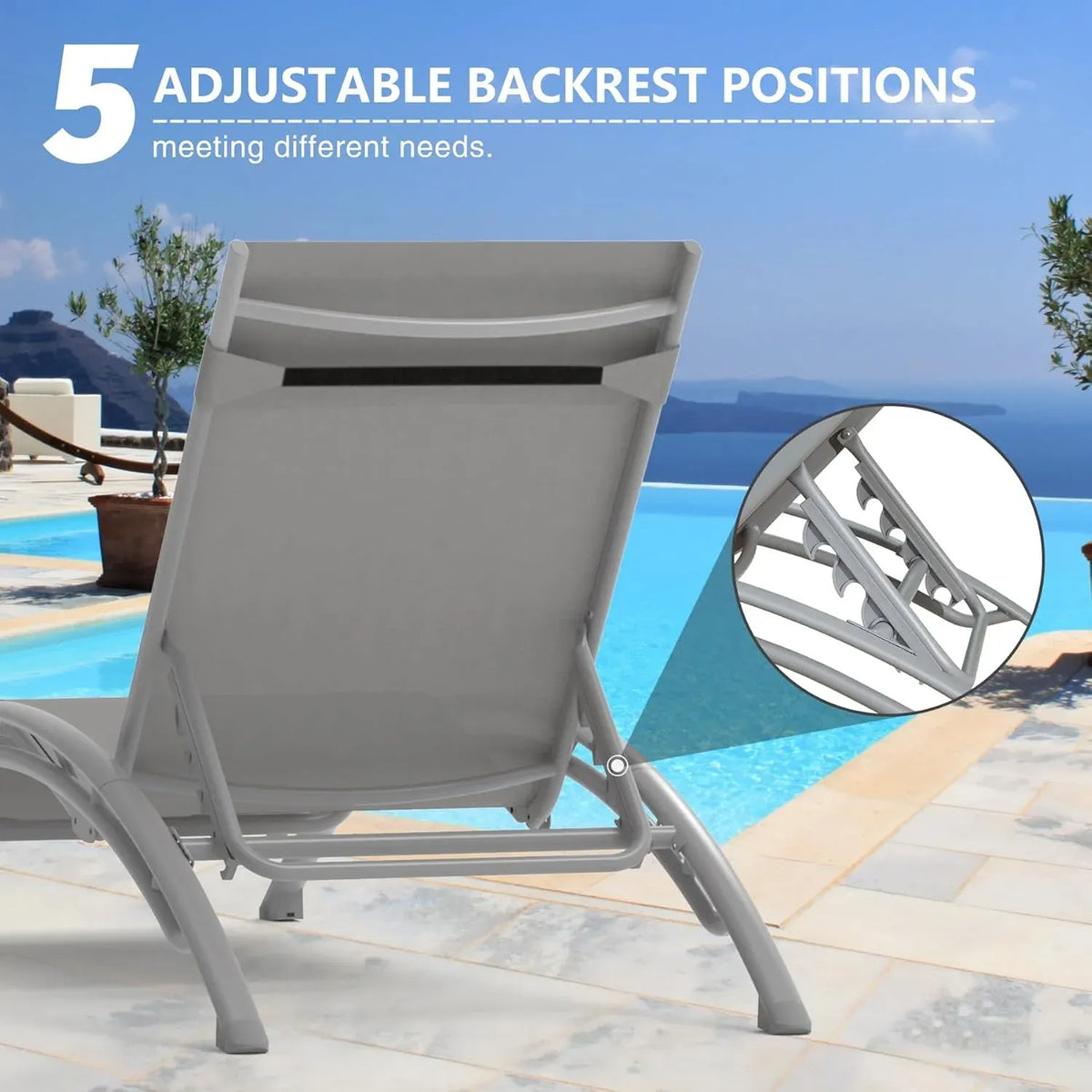 Domi Pool Lounge Chairs Set of 2 with Side Table, Aluminum Adjustable Outdoor Chaise Lounge, All Weather Poolside Chairs for Deck Lawn Poolside, Textilene (Grey)