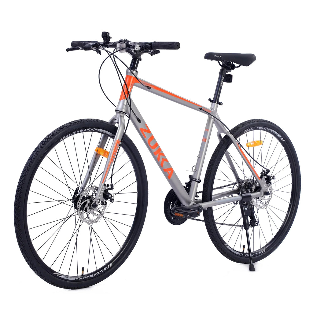 28 inch Hybrid Bike Men, Road Bike with Shimano 21 Speed, 700C Wheels, Comfort Adult Bicycle with Dual Disc Brake, 21'' Lightweight Aluminium Frame, Suggested Rider 5'6 to 6'2 Tall- Silver+Orange