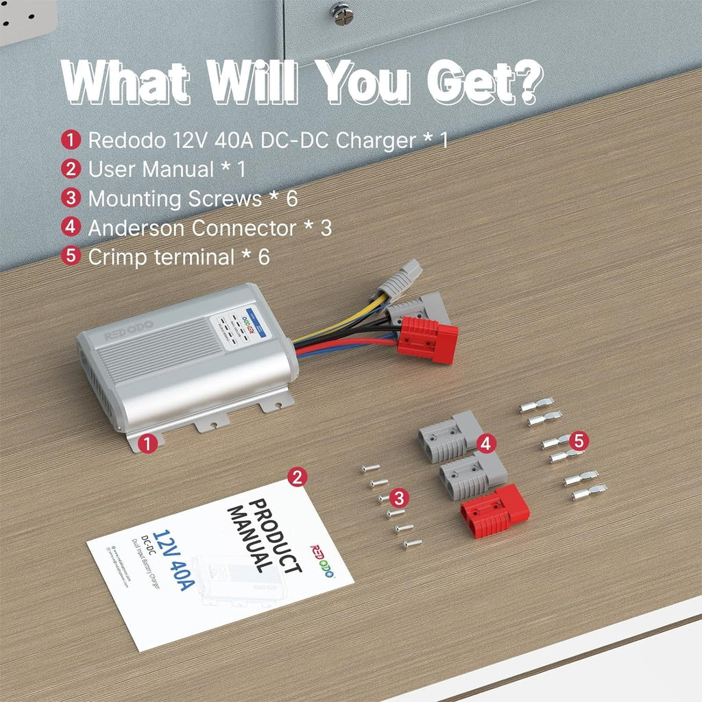 Redodo 12V 40A DC to DC Charger with MPPT, On-Board Charger for AGM, Gel, SLA, Lithium, Dual Input Battery Charger with LED Indicators&Anderson Connector, Using for RV, Camper, Van, Vehicle, Marine