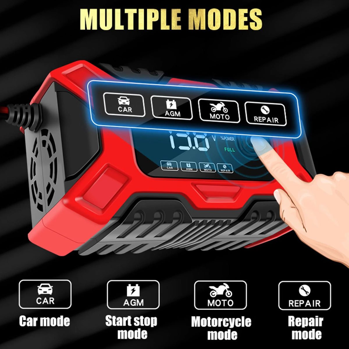 KUNyu 12V Car Battery Charger Automatic Large Screen LCD Display High Precision Intelligent Detection Pulse Repair Multiple Mode Smart Fast Charge Auto Motorcycle Battery Charger Car Accessories