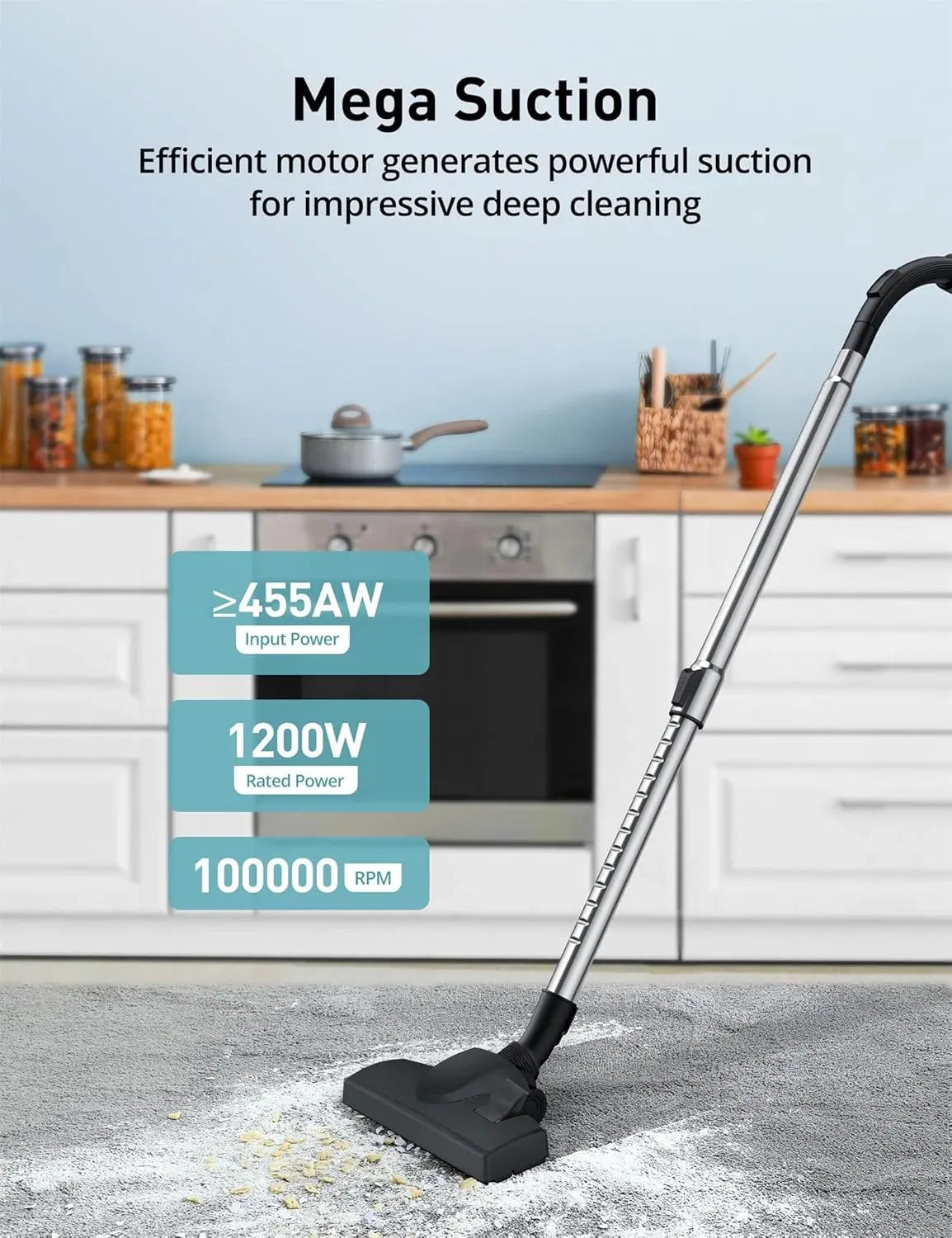 Orgtoy 24Kpa Canister Vacuum Cleaner, 1200W Bagless Canister Vacuum with 2 HEPA Filters, 5 Brushes, Automatic Cord Rewind, Variable Speed for Hard Floors, Hardwood, Cars, 3.5L, Black