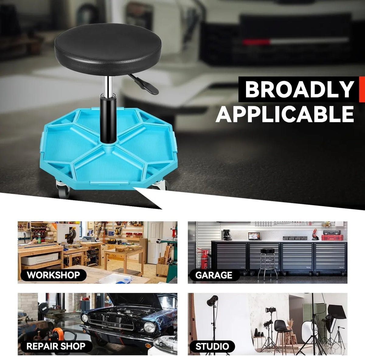 Mechanic Stool, Adjustable Rolling Pneumatic Creeper Garage Shop Seat with Tool Tray, 300 LBS Roller Seat for Workshop Auto Repair, Adjustable Height 15.7 to 21, Black/Blue